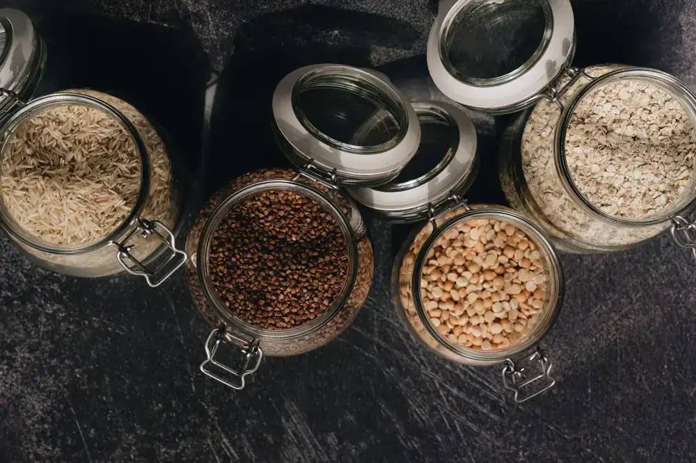 Glass jars filled with grains and pulses