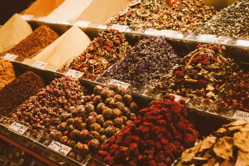 Colorful loose teas and ground spices