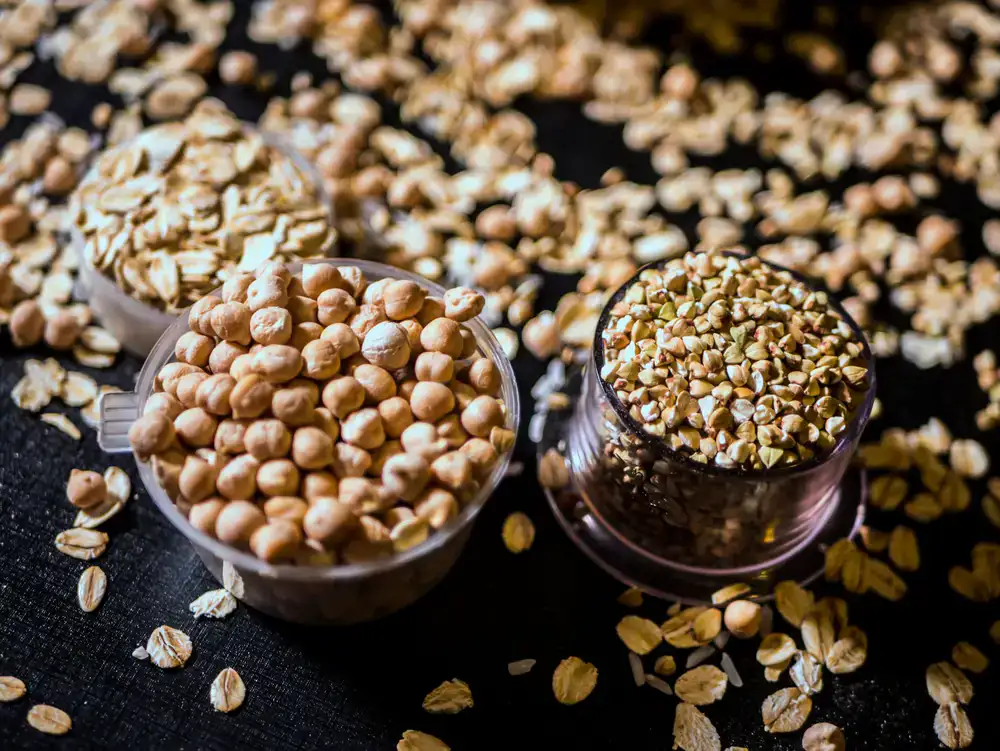 Various raw grains in bulk bins