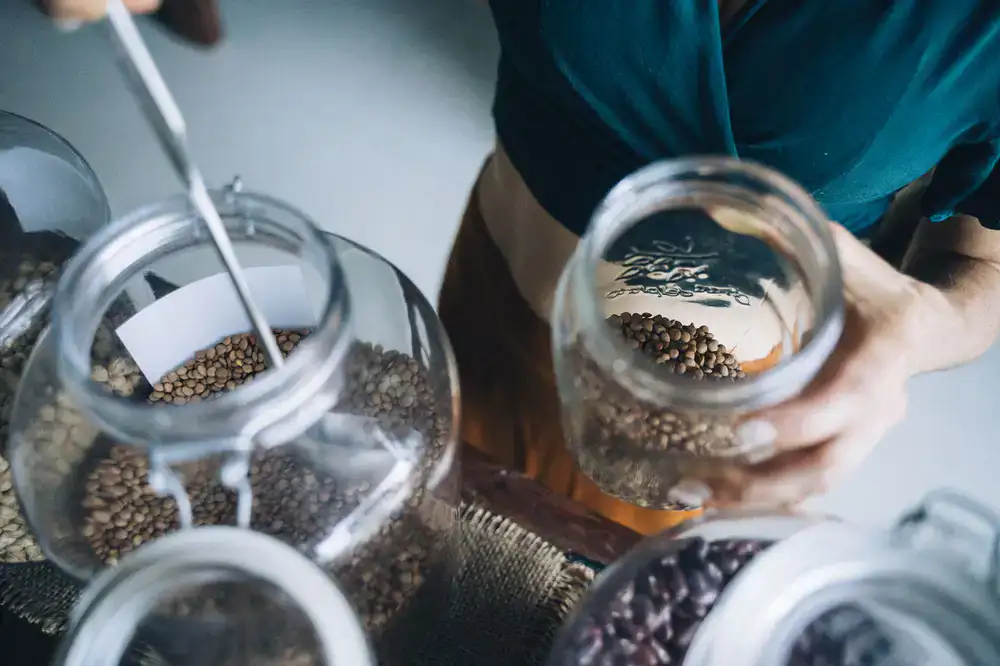 Neatly arranged glass jars filled with colorful organic grains and legumes